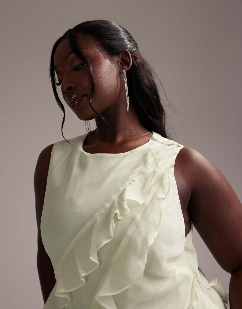 ASOS DESIGN Curve Bridesmaids racer neck bias cut ruffle maxi dress in light green Product Image