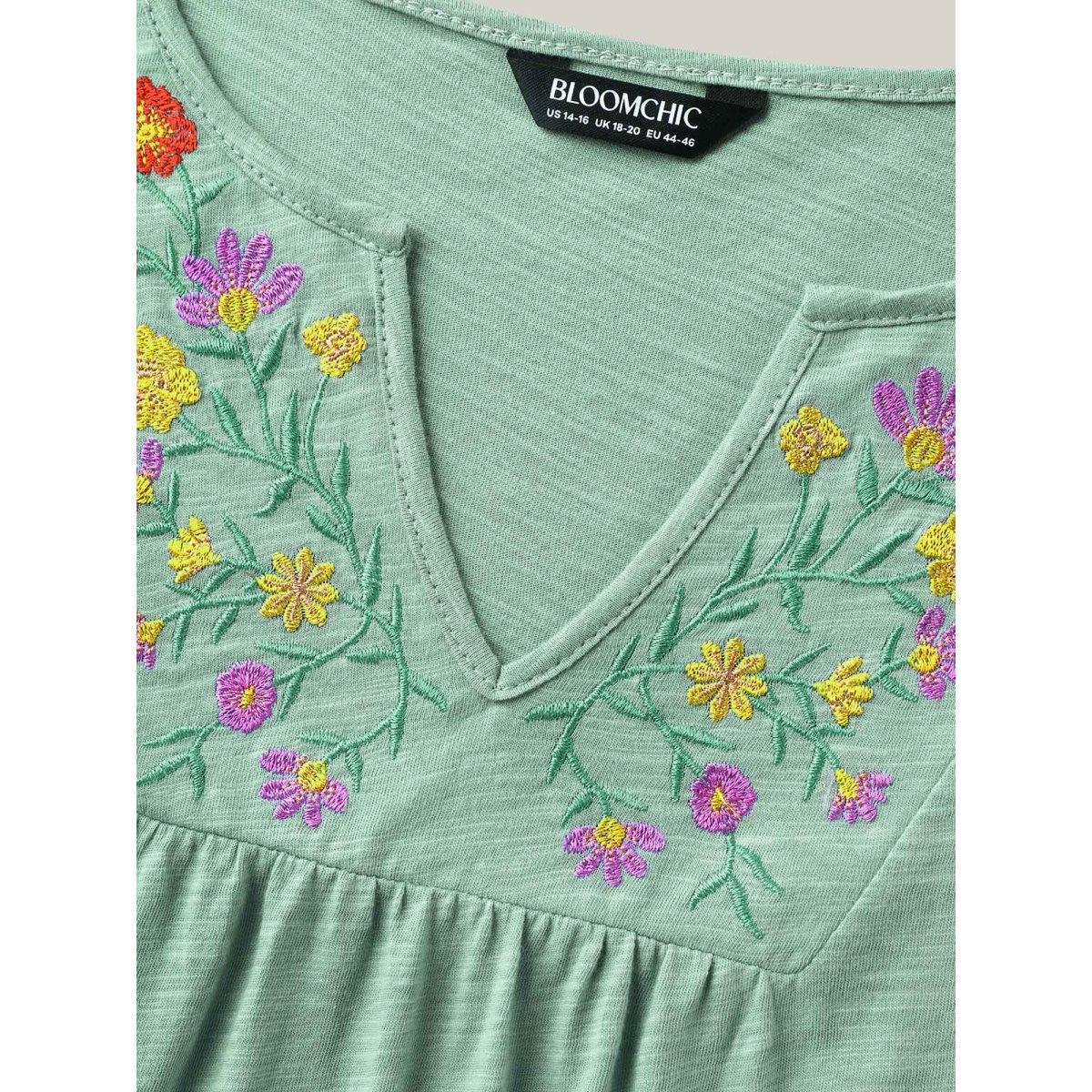 Plus Size Pure Cotton Embroidered Pleated T-Shirt Greenbean Women Gathered Flat collar with V-notch Vacation T-shirts BloomChic 14-16/1X Product Image