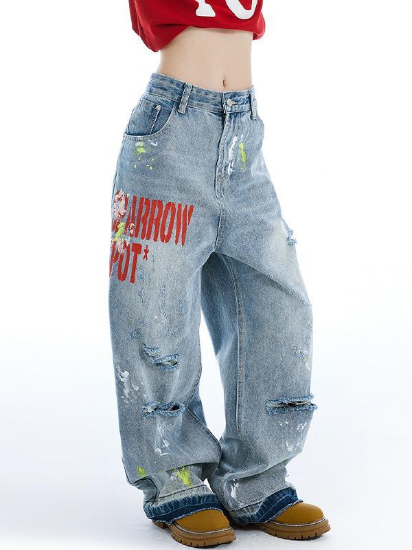 Vintage Washed Embroidery Boyfriend Jeans Product Image