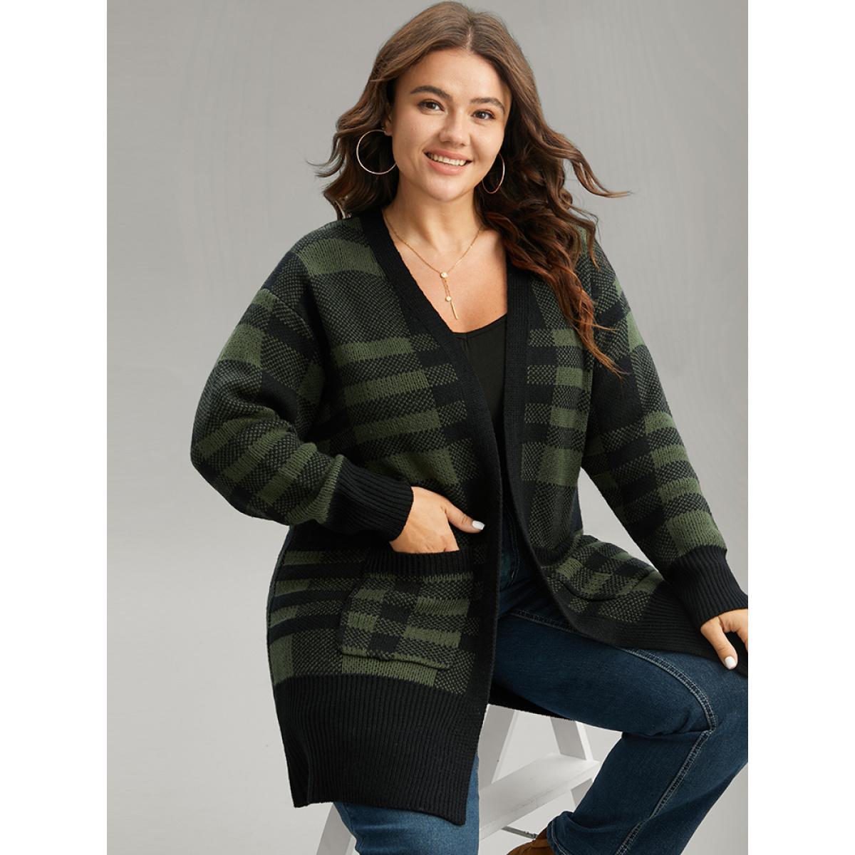 Plus Size Plaid Patchwork Split Side Open Front Cardigan DarkGreen Women Casual Loose Long Sleeve Festival-Christmas Cardigans BloomChic 12/L Product Image