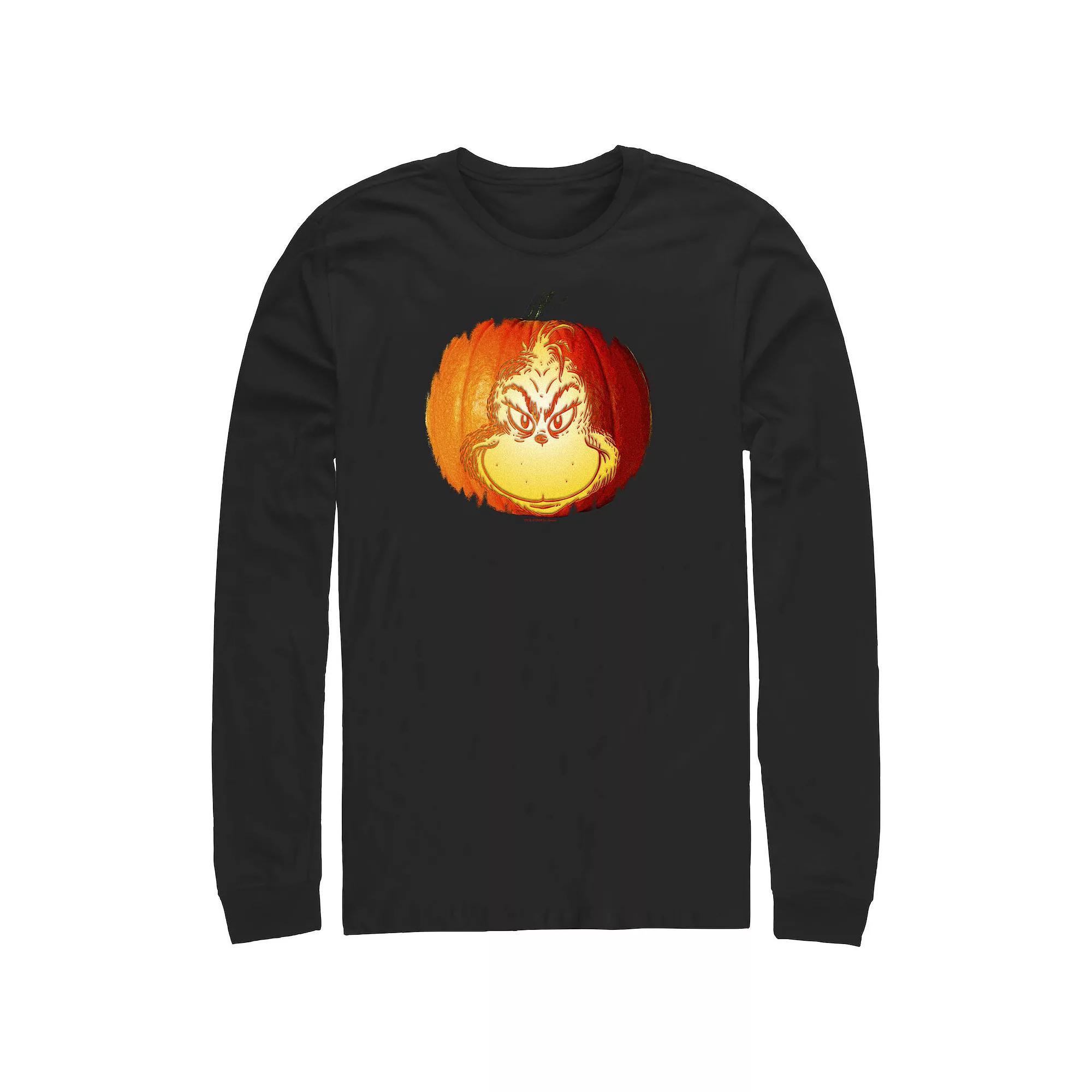 Men's Dr. Seuss Grinch Jack O Lantern Long sleeves Graphic Tee, Size: 4XB, Black Product Image