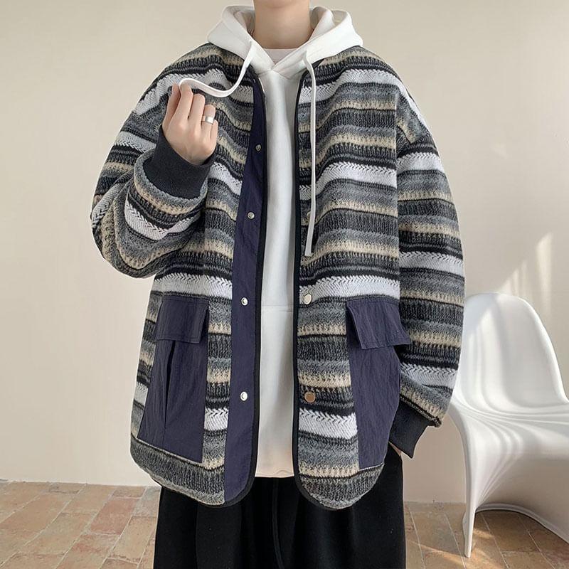 Drop Shoulder Round Neck Striped Button Jacket Product Image