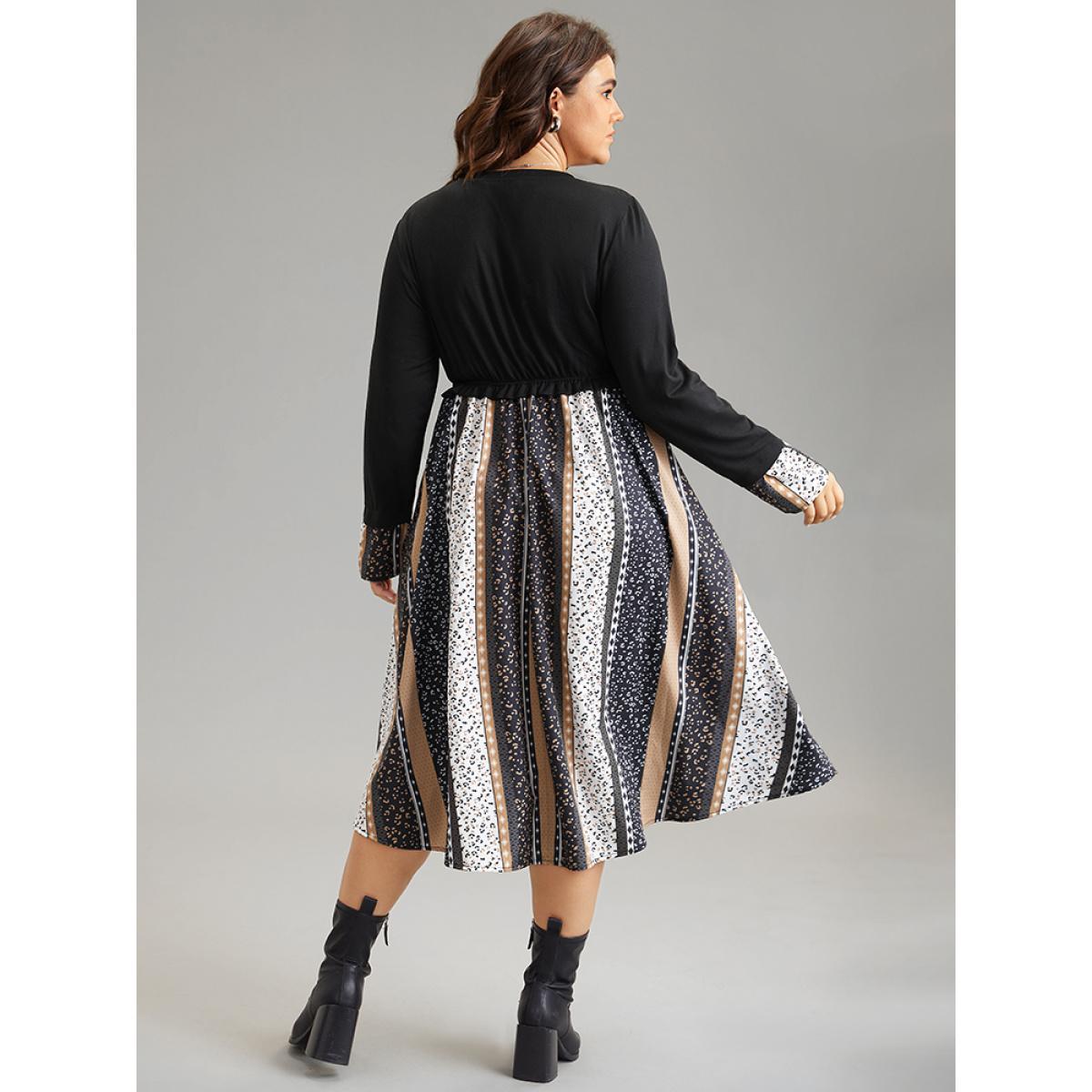 Plus Size Geometric Colorblock Patchwork Midi Dress Black Women Elegant Printed Round Neck Long Sleeve Curvy Midi Dress BloomChic 14-16/1X Product Image