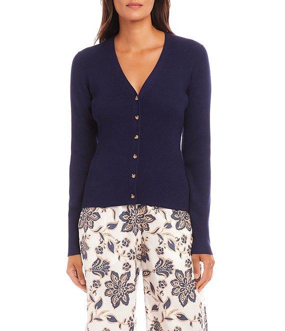 Karen Kane Ribbed V-Neck Long Sleeve Cardigan Sweater Product Image