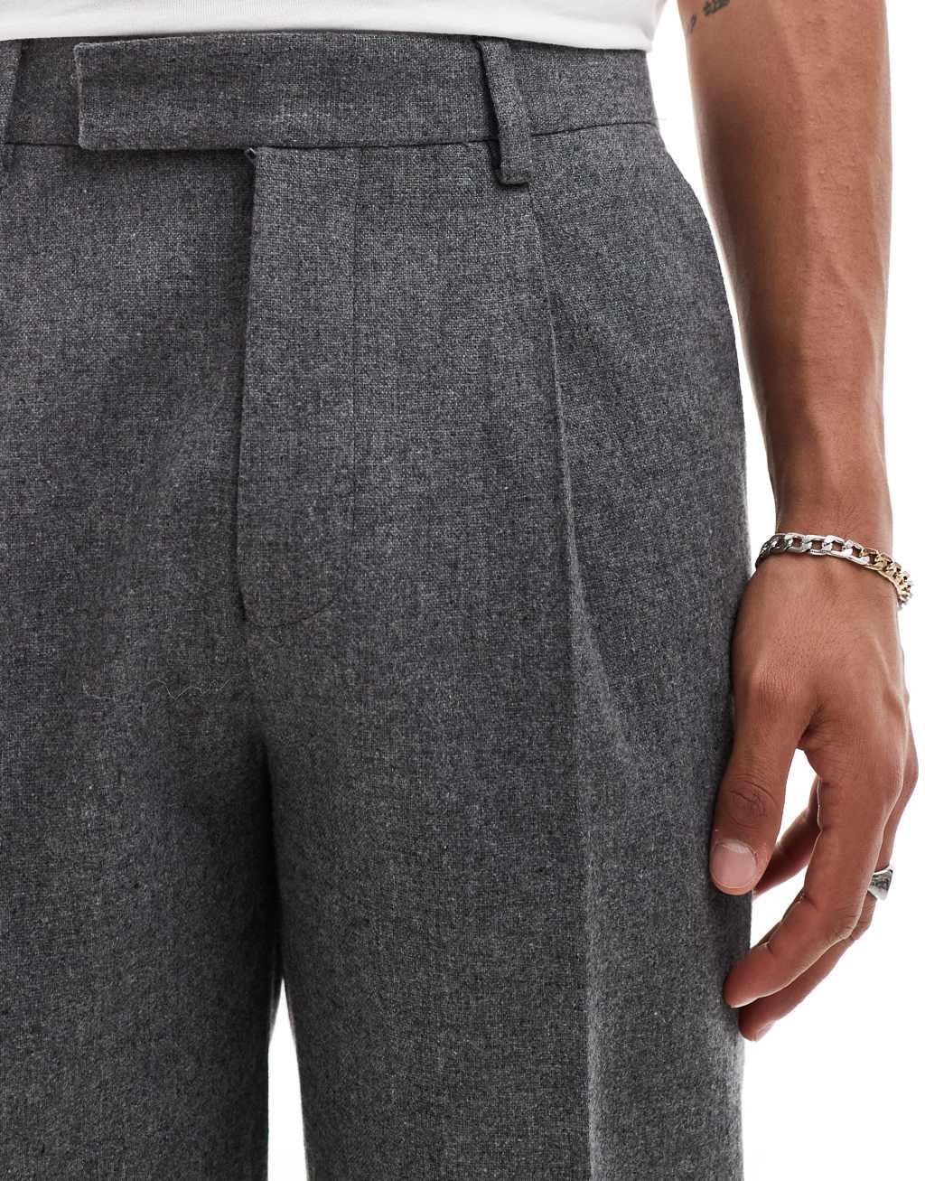 ASOS DESIGN straight leg flannel wool mix suit pants in heathered charcoal Product Image