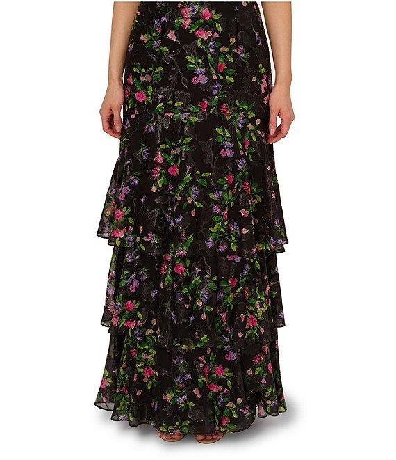 Adrianna Papell Chiffon Floral Print V-Neck Flutter Sleeve Tiered Gown Product Image