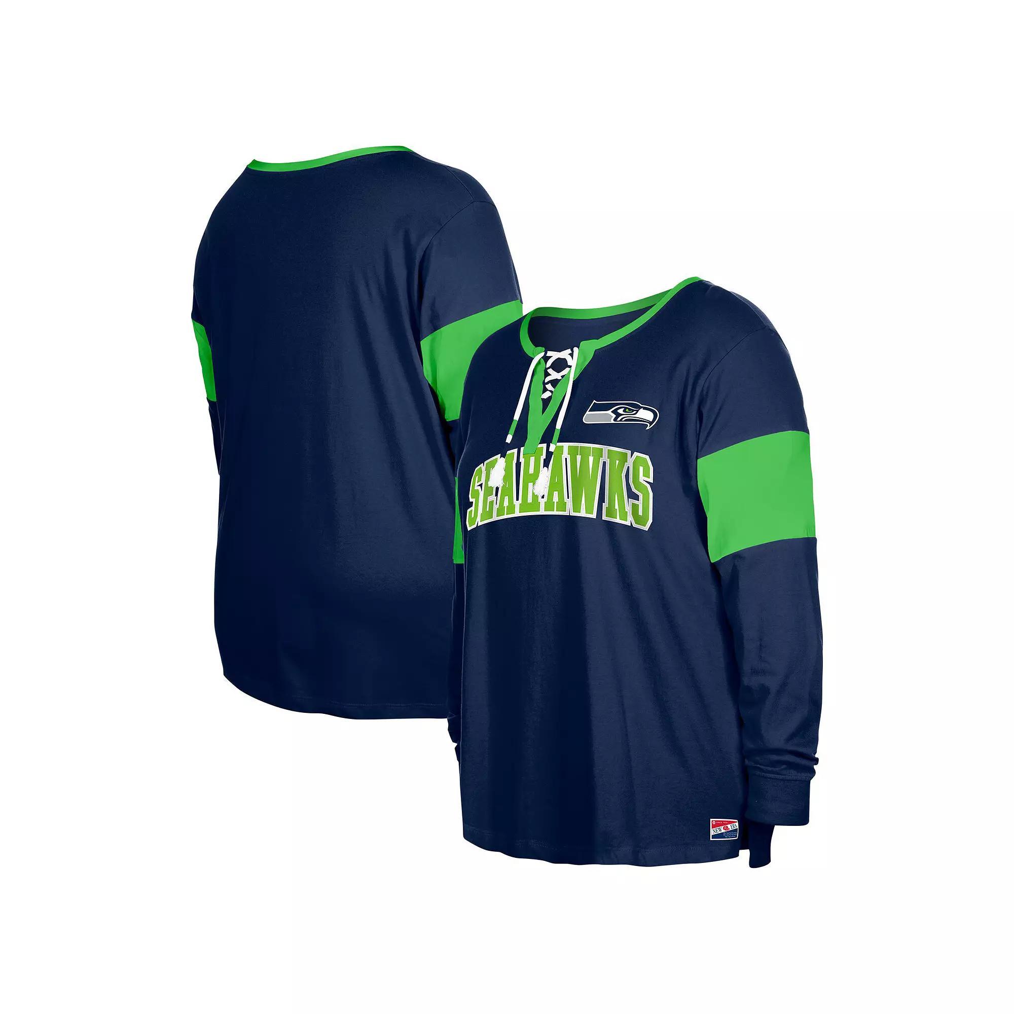 Women's New Era College Navy Seattle Seahawks Plus Size Lace-Up Notch Neck Long Sleeve T-Shirt, Size: 1XL, Team Product Image