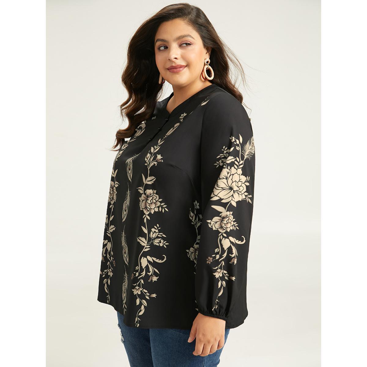 Plus Size Black Floral Print Button Up Lantern Sleeve Blouse Women Elegant Long Sleeve Round Neck Dailywear Blouses BloomChic 18-20/2X Product Image