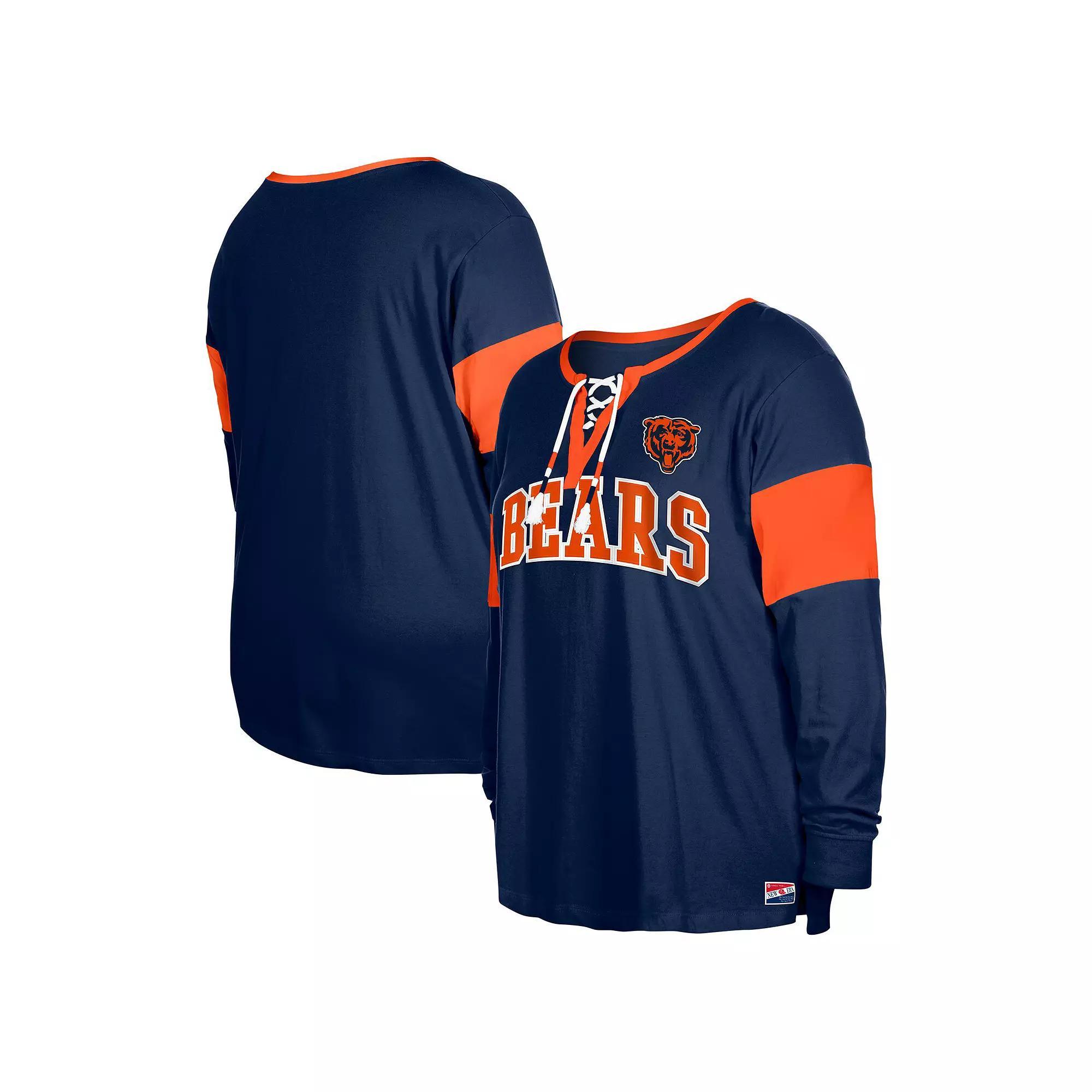 Women's New Era Navy Chicago Bears Plus Size Lace-Up Notch Neck Long Sleeve T-Shirt, Size: 4XL, Blue Product Image
