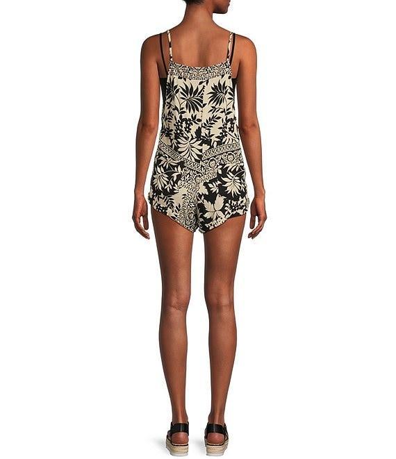 Angie Sleeveless Spaghetti Strap Tropical Patch Printed Romper Product Image