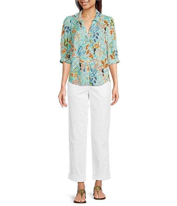 Democracy Petite Size Woven Tropical Print Split V-Neck Elbow Sleeve Button Front Top Product Image
