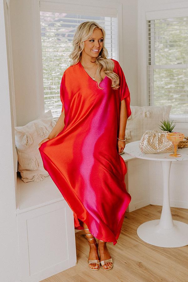Moonlit Lagoon Satin Caftan Maxi Dress in Red Product Image
