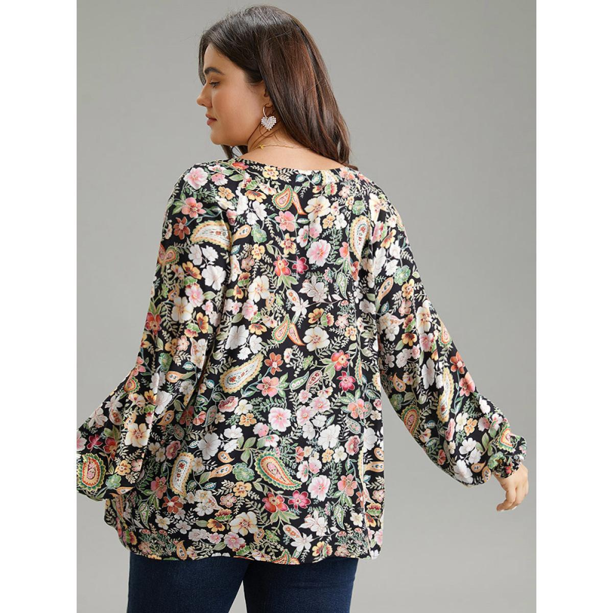 Plus Size Black Paisley Lantern Sleeve Gathered Blouse Women Elegant Long Sleeve V-neck Dailywear Blouses BloomChic 12/L Product Image