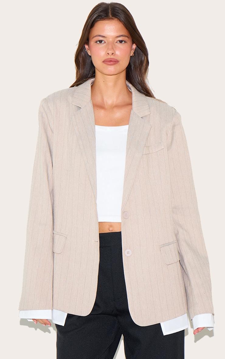 Taupe Pinstripe Shirt Detail Blazer Product Image