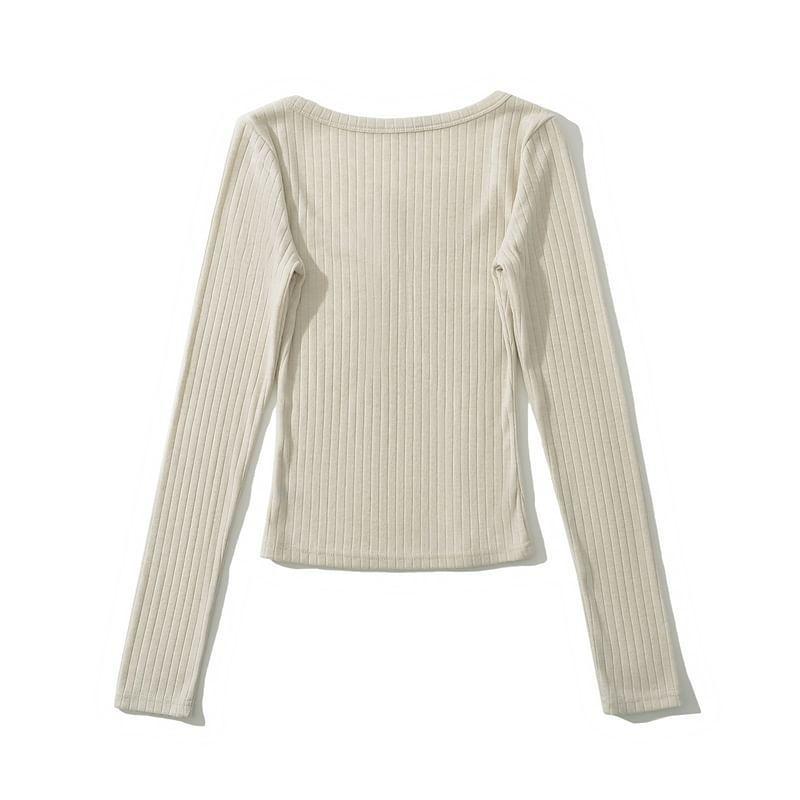 Long Sleeve Scoop Neck Plain Ribbed Cropped Top Product Image