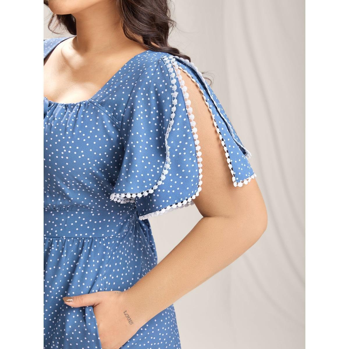 Plus Size Polka Dots Layer Sleeves Keyhole Maxi Dress Stone Women Square Neck Short sleeve Curvy BloomChic 10/M Product Image