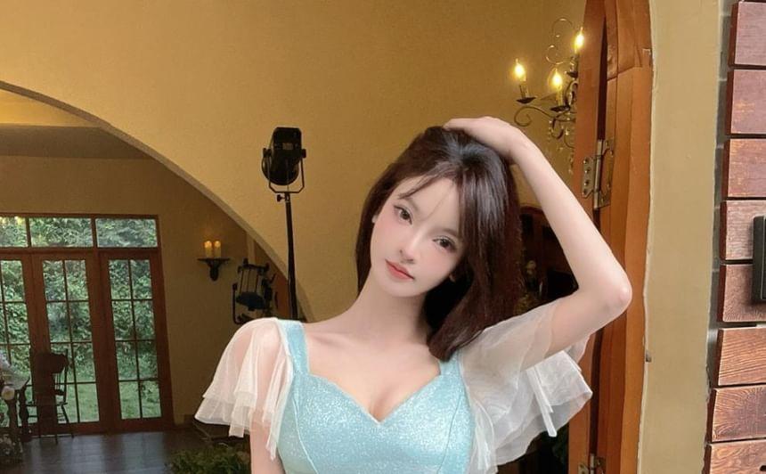 Flutter Sleeve Sweetheart Neck Glitter Panel Mesh Mini A-Line Dress Product Image