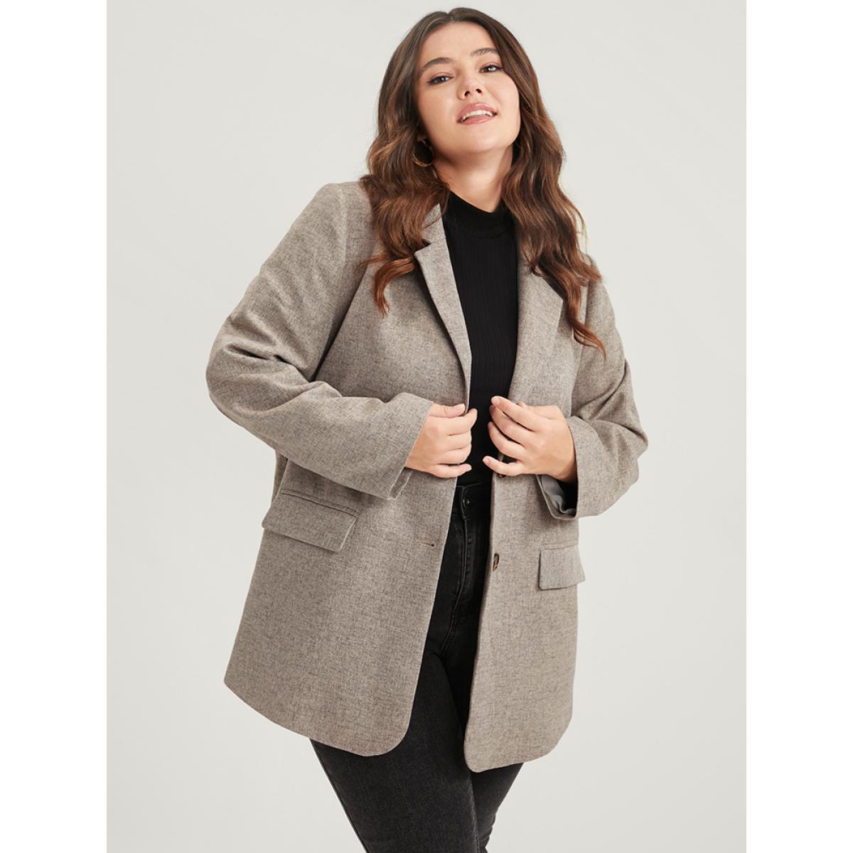 Plus Size Solid Button Suit Collar Belted Flap Pocket Blazer LightGray Women Work Plain Sleeve Long Sleeve Suit Collar 18-20/2X Pocket Belt Office Blazers BloomChic Product Image