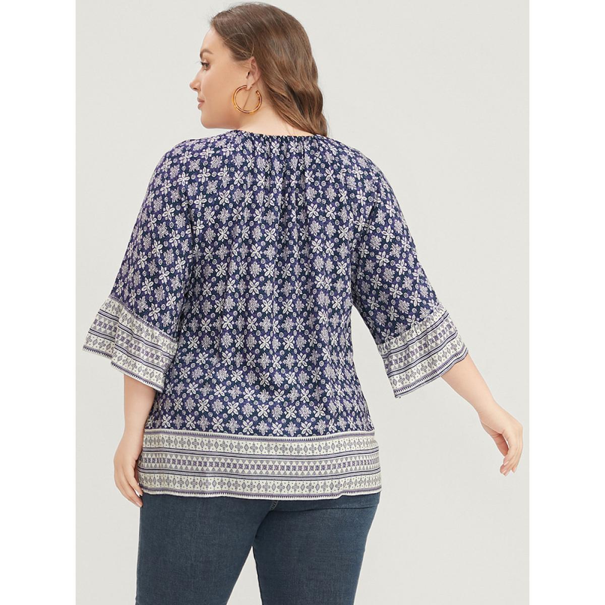 Plus Size Eggplant Floral Print Bell Sleeve Knotted Round Neck Blouse Women Vacation Elbow-length sleeve Round Neck Dailywear Blouses BloomChic 10/M Product Image