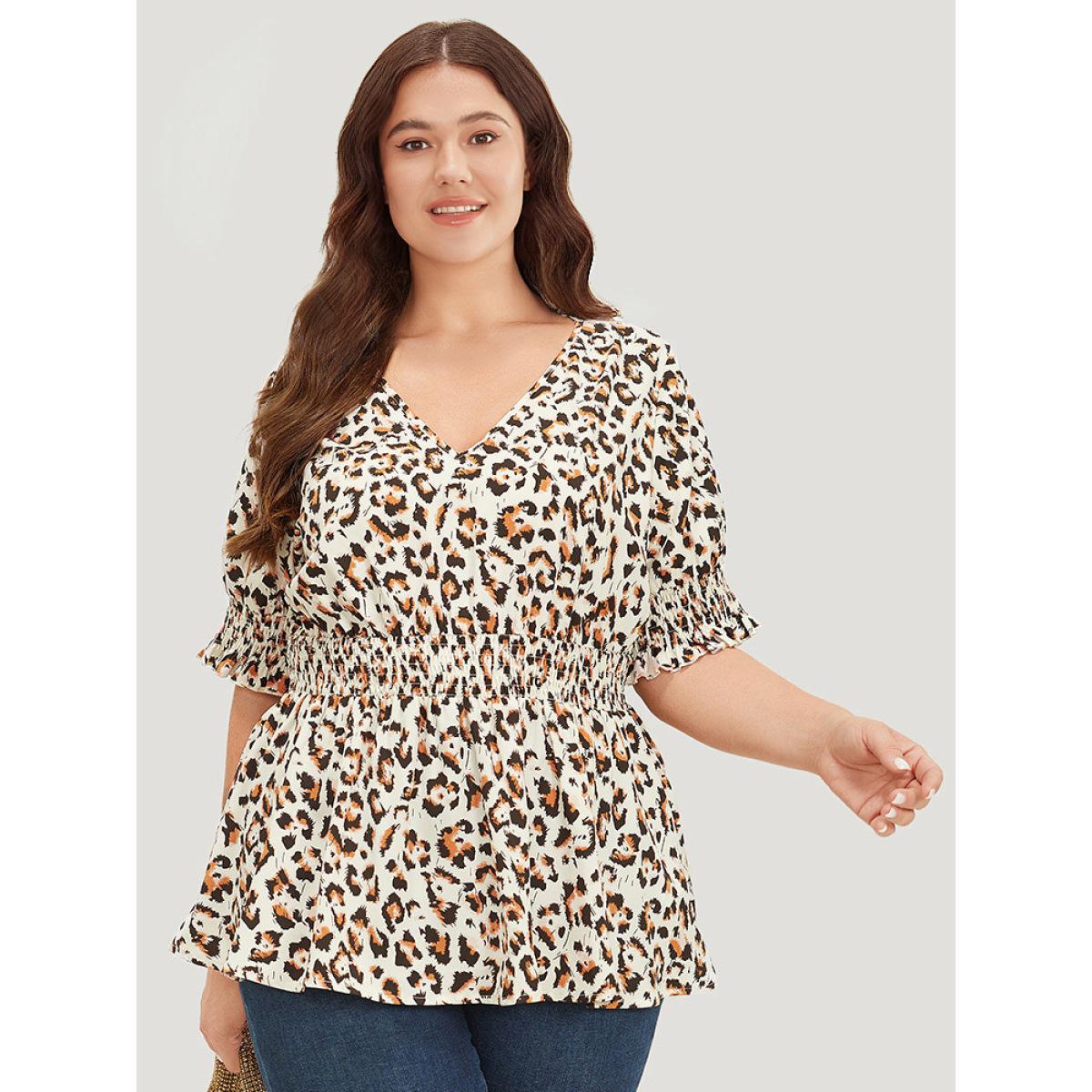 Plus Size Beige Leopard Print Shirred Puff Sleeve Ruffle Sleeve Blouse Women Glamour Short sleeve V-neck Going out Blouses BloomChic 28/5X Product Image