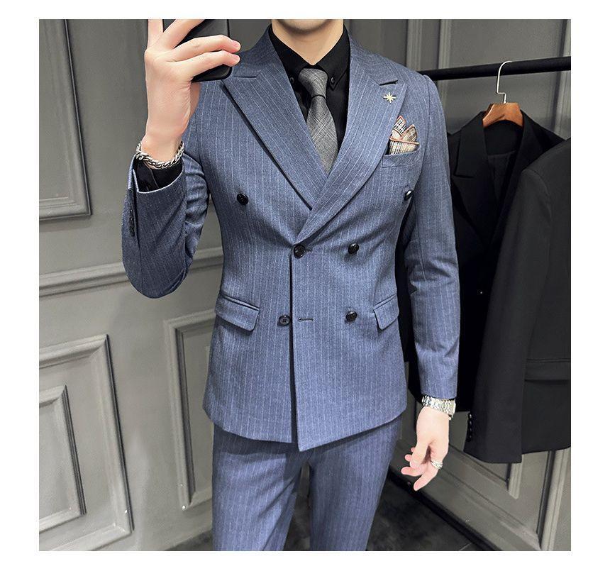 Set: Peak Lapel Striped Double-Breasted Blazer + Mid Rise Cropped Tapered Dress Pants Product Image