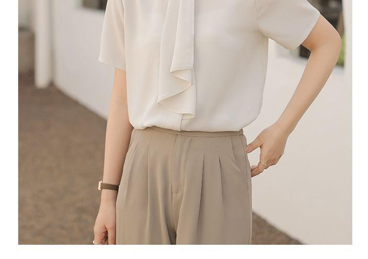 Ruffle Trim Stand Collar Short Sleeve Blouse Product Image