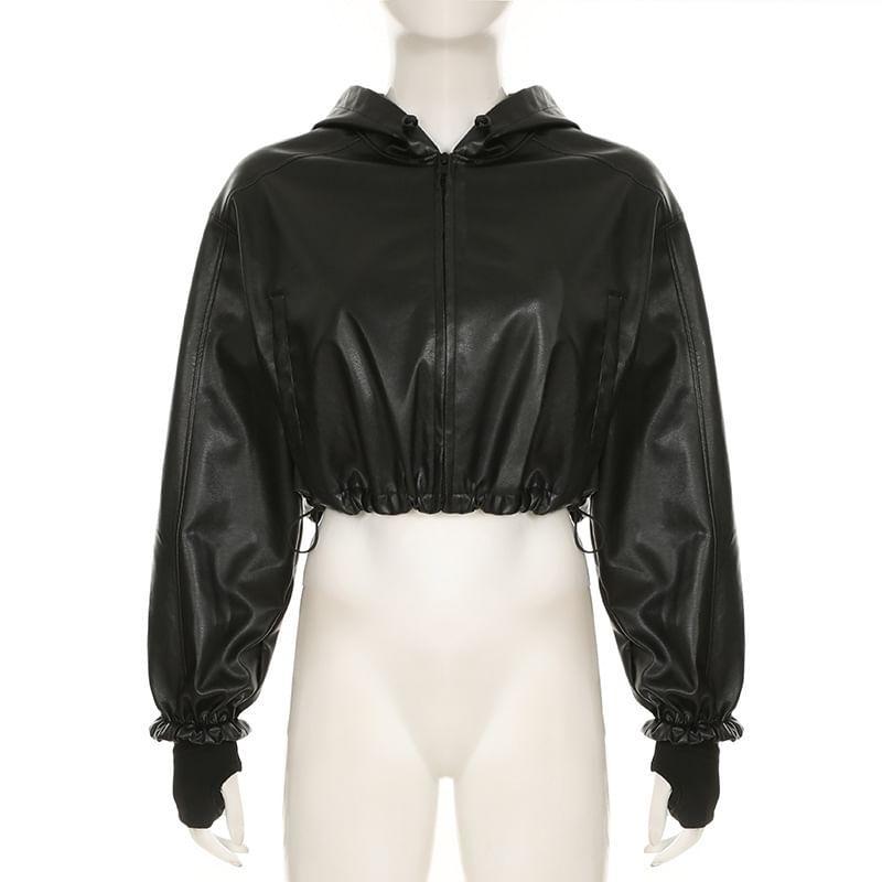 Faux Leather Hooded Zip-Up Crop Jacket Product Image
