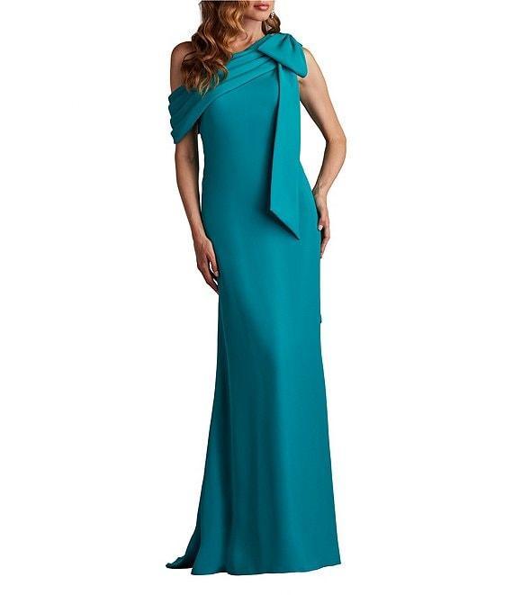 Tadashi Shoji Draped One Shoulder Bow Detail Crepe Sheath Gown Product Image