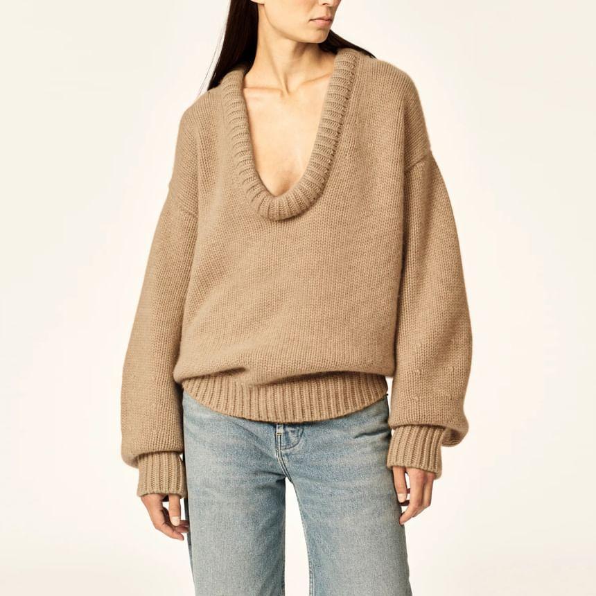 V-Neck Plain Oversized Sweater Product Image
