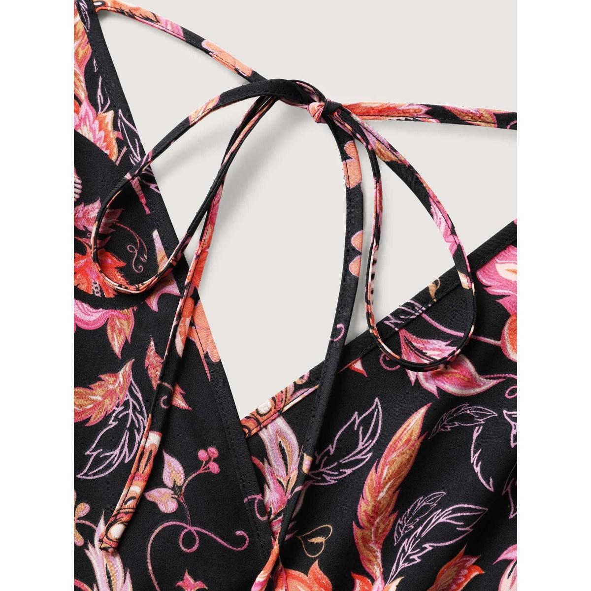 Plus Size Black Floral Print Square Neck Pockets Jumpsuit Women Short sleeve Heart neckline Vacation Loose Jumpsuits BloomChic 12/L Product Image