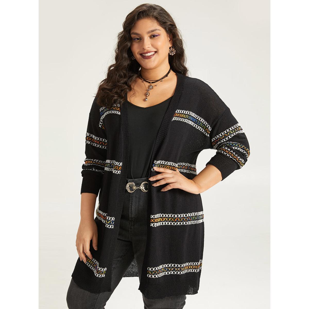 Plus Size Halloween Rainbow Contrast Drop Shoulder Cardigan Black Women Casual Loose Long Sleeve Festival-Halloween Cardigans BloomChic 18-20/2X Product Image