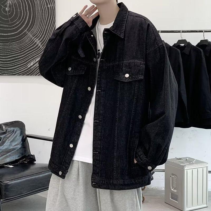 Lapel Collared Washed Single-Breasted Denim Trucker Jacket Product Image