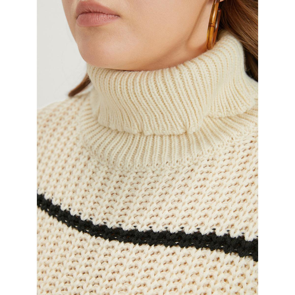 Plus Size Striped Contrast Pointelle Knit Lantern Sleeve Funnel Neck Knit Top Beige Women Elegant Loose Long Sleeve Turtleneck Dailywear Pullovers BloomChic 28/5X Product Image