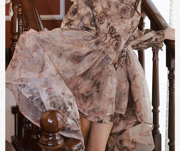 Long-Sleeve Square Neck Floral A-Line Dress Product Image
