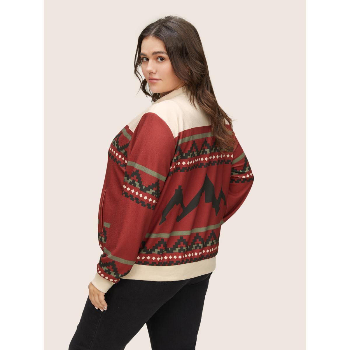Plus Size Colorblock Rib Knit Pocket Zipper Fly Jacket Women Scarlet Non Slanted pocket Everyday Jackets BloomChic 30/6X Product Image