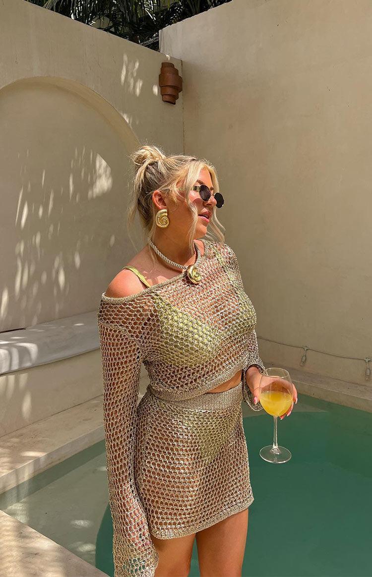 Wild Thoughts Gold Metallic Fishnet Mini Skirt Product Image