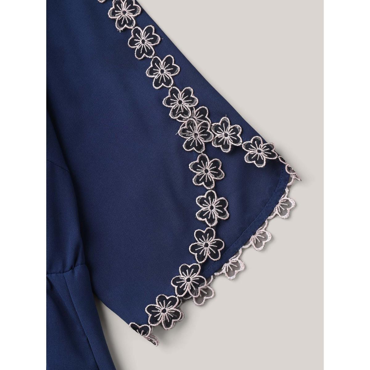 Plus Size Lace Detail Trumpet Sleeve Midi Dress DarkBlue Women At the Office Overlapping Boat Neck Elbow-length sleeve Curvy BloomChic 18-20/2X Product Image