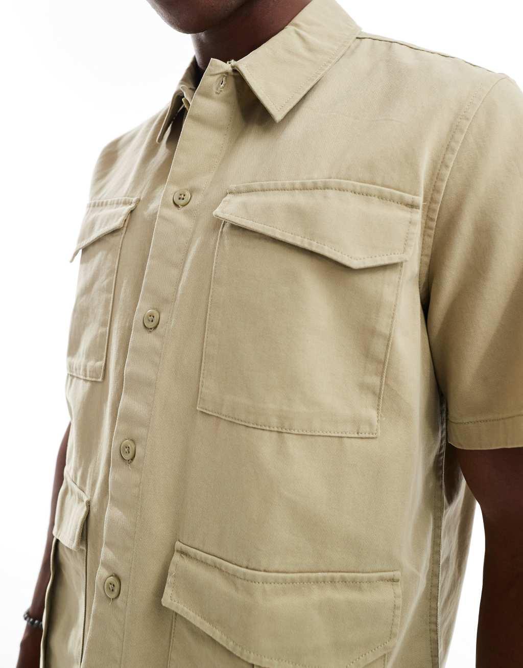 ONLY & SONS 4 pocket utility shirt in light brown Product Image