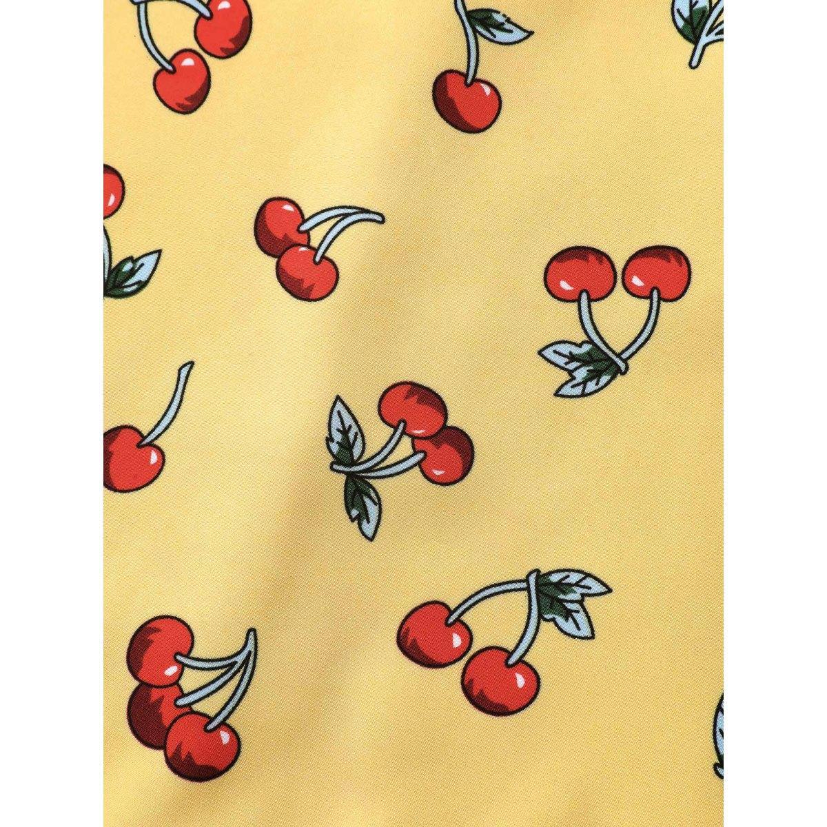 Plus Size Cherry Print Stretchy Cinched-Waist Midi Dress Lemonyellow Women V-neck Short sleeve Curvy BloomChic 18-20/2X Product Image
