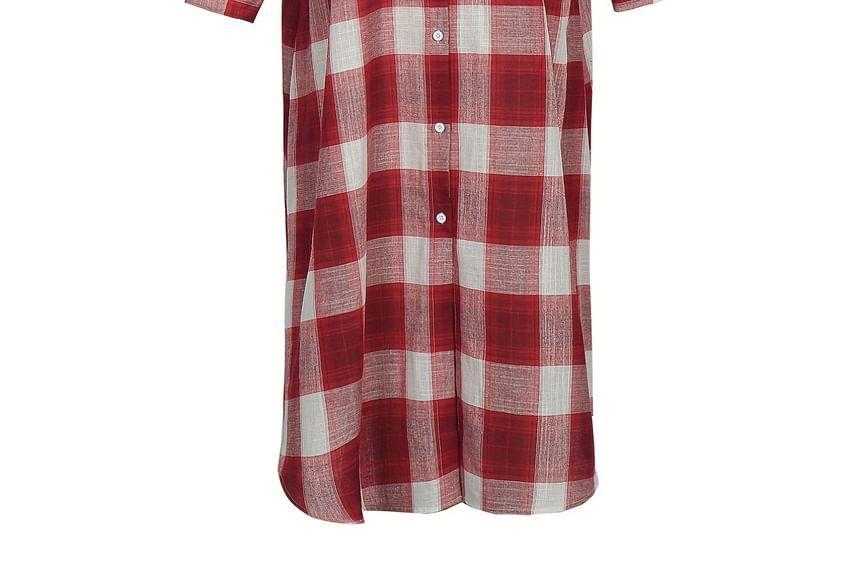 Long Sleeve Collared Plaid Button Down Maxi Shirt Dress Product Image