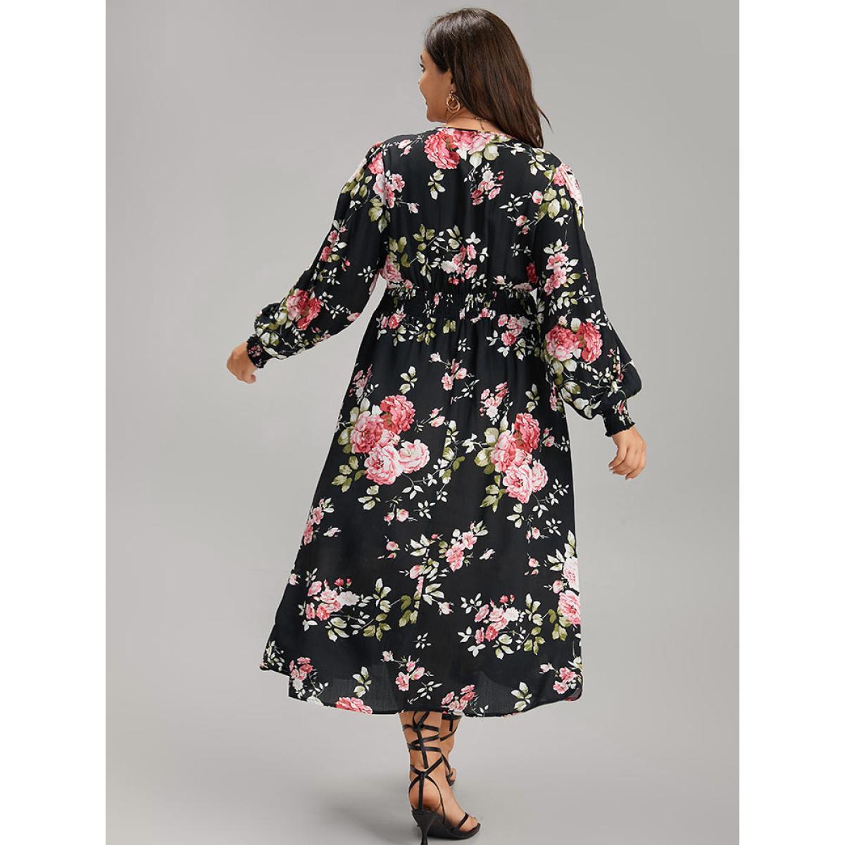 Plus Size Supersoft Essentials Floral Pocket Shirred Dress Black Women Elegant Wrap Overlap Collar Long Sleeve Curvy Midi Dress BloomChic 30/6X Product Image
