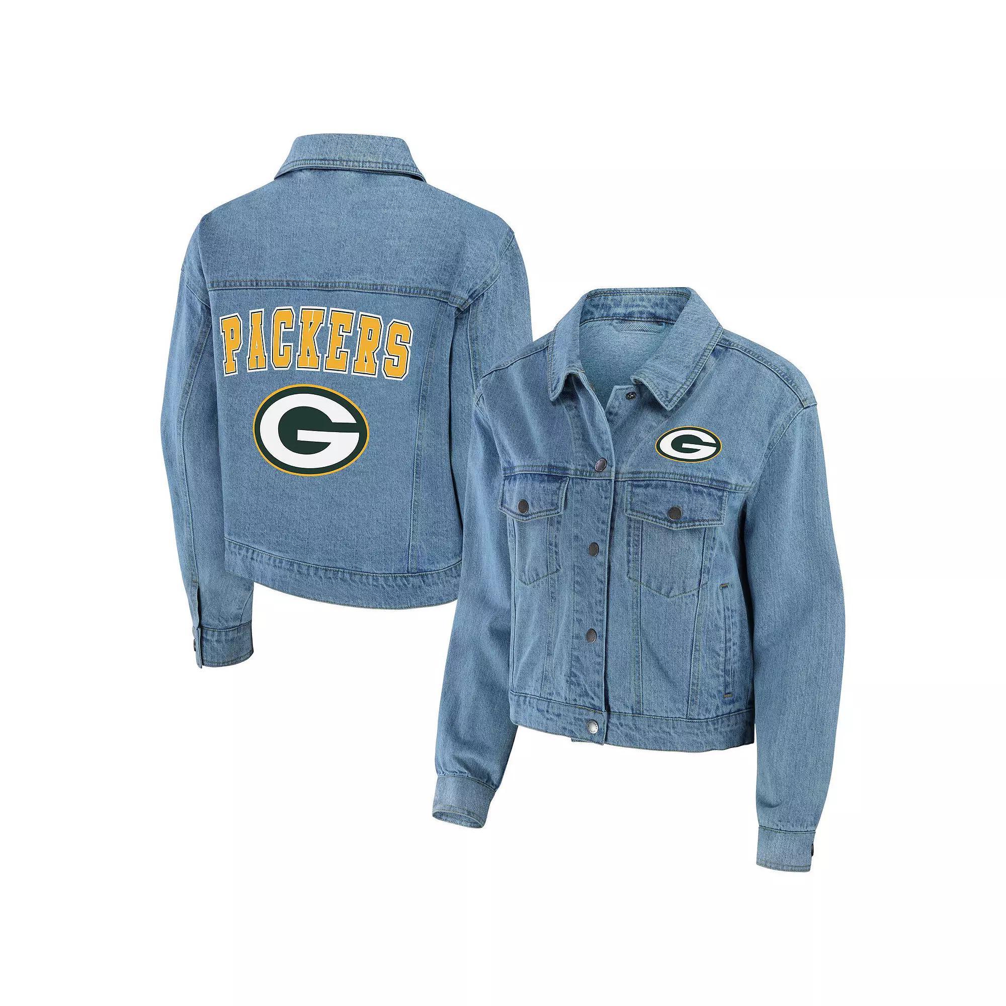 Women's WEAR by Erin Andrews Green Bay Packers Full-Snap Denim Jacket, Size: XS, Blue Product Image