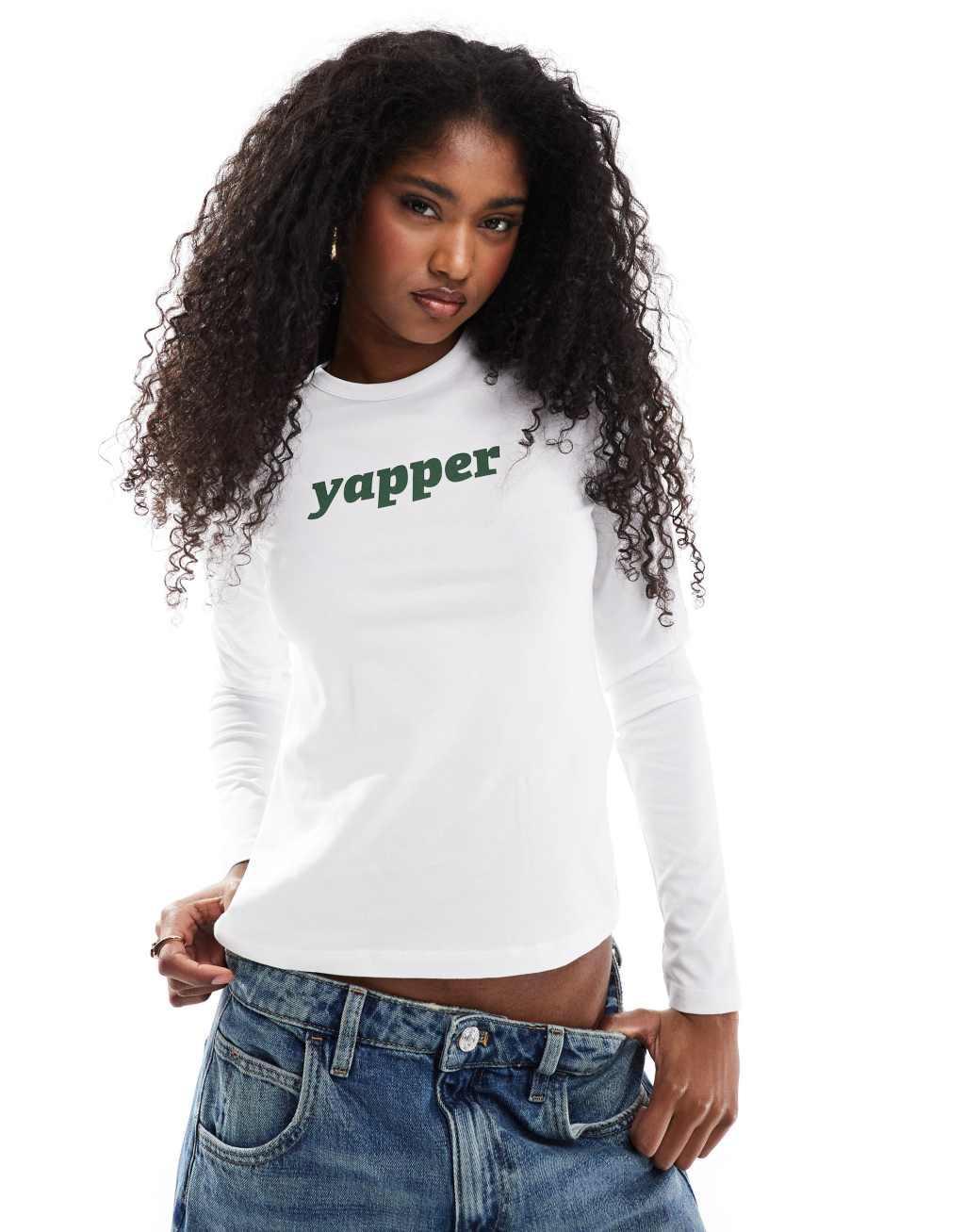 JJXX Gigi long sleeve t-shirt with yapper print in white Product Image
