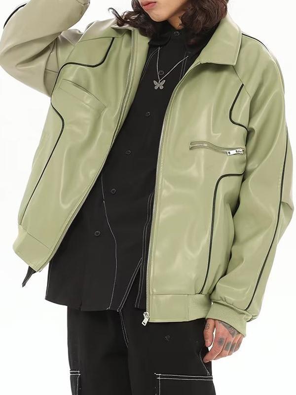 Piping Detail Zip Up Faux Leather Jacket Product Image
