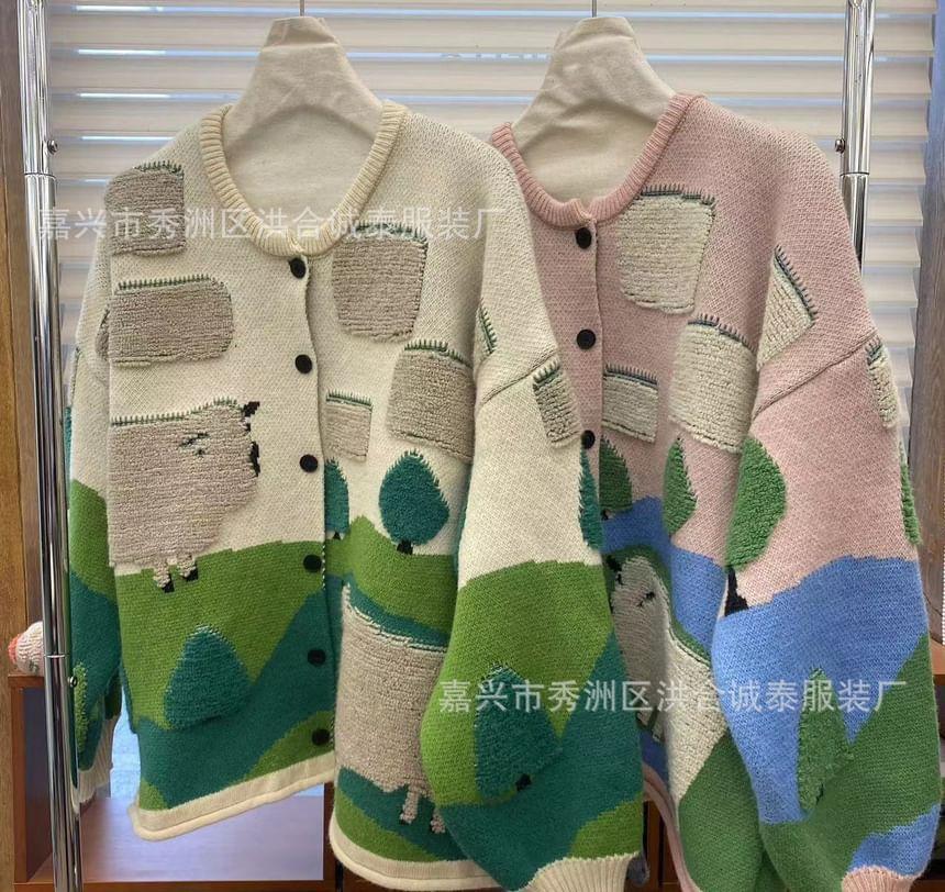 Round Neck Sheep Jacquard Cardigan Product Image
