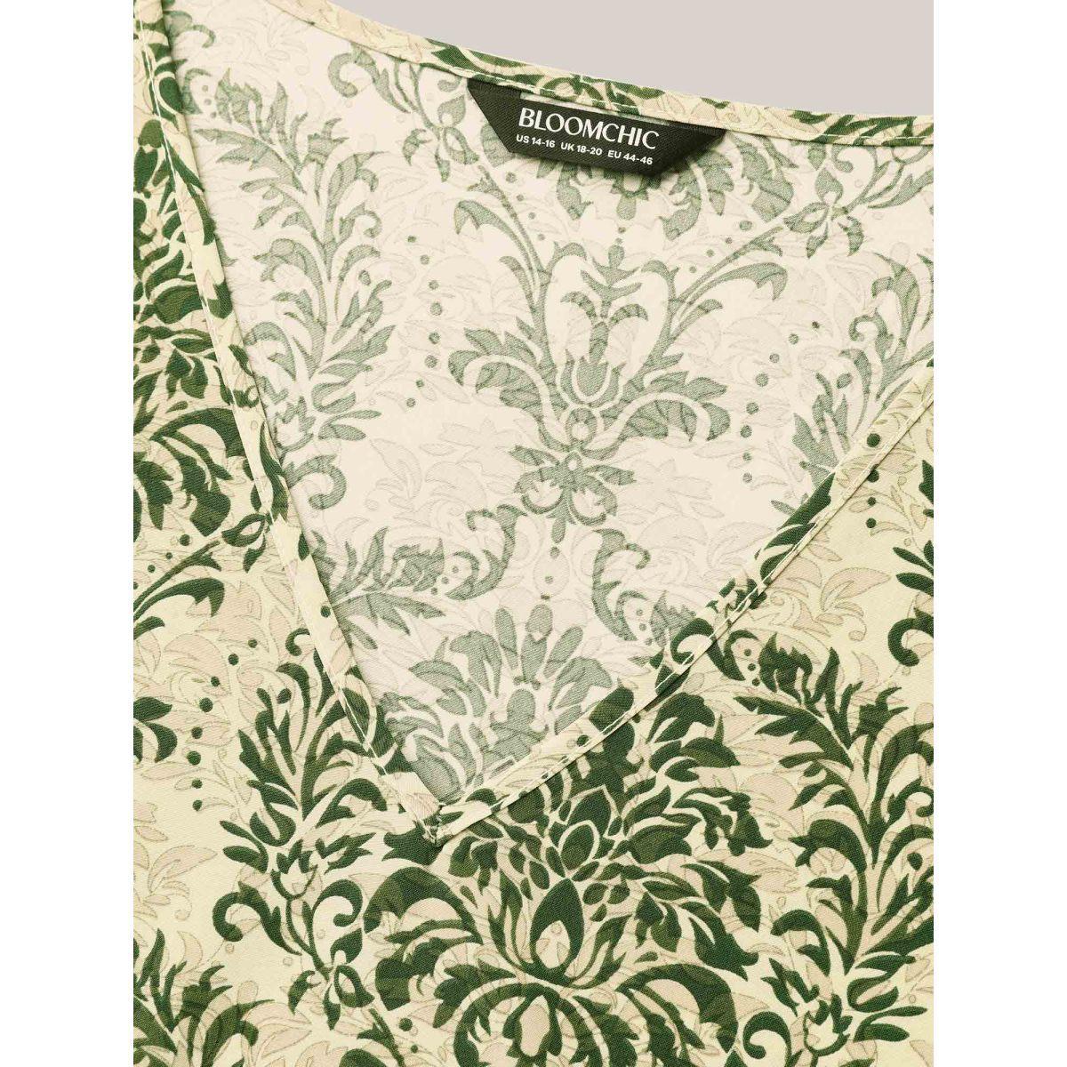 Plus Size Moss Damask Print Flared Sleeve V-Neck Shirt Women Resort Elbow-length sleeve V-neck Vacation Blouses BloomChic 26/4X Product Image