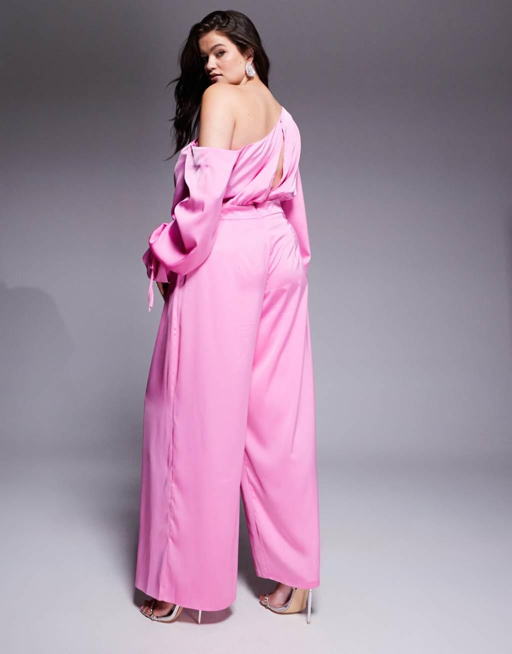 ASOS LUXE Curve satin off shoulder wide leg jumpsuit with bow in pink Product Image
