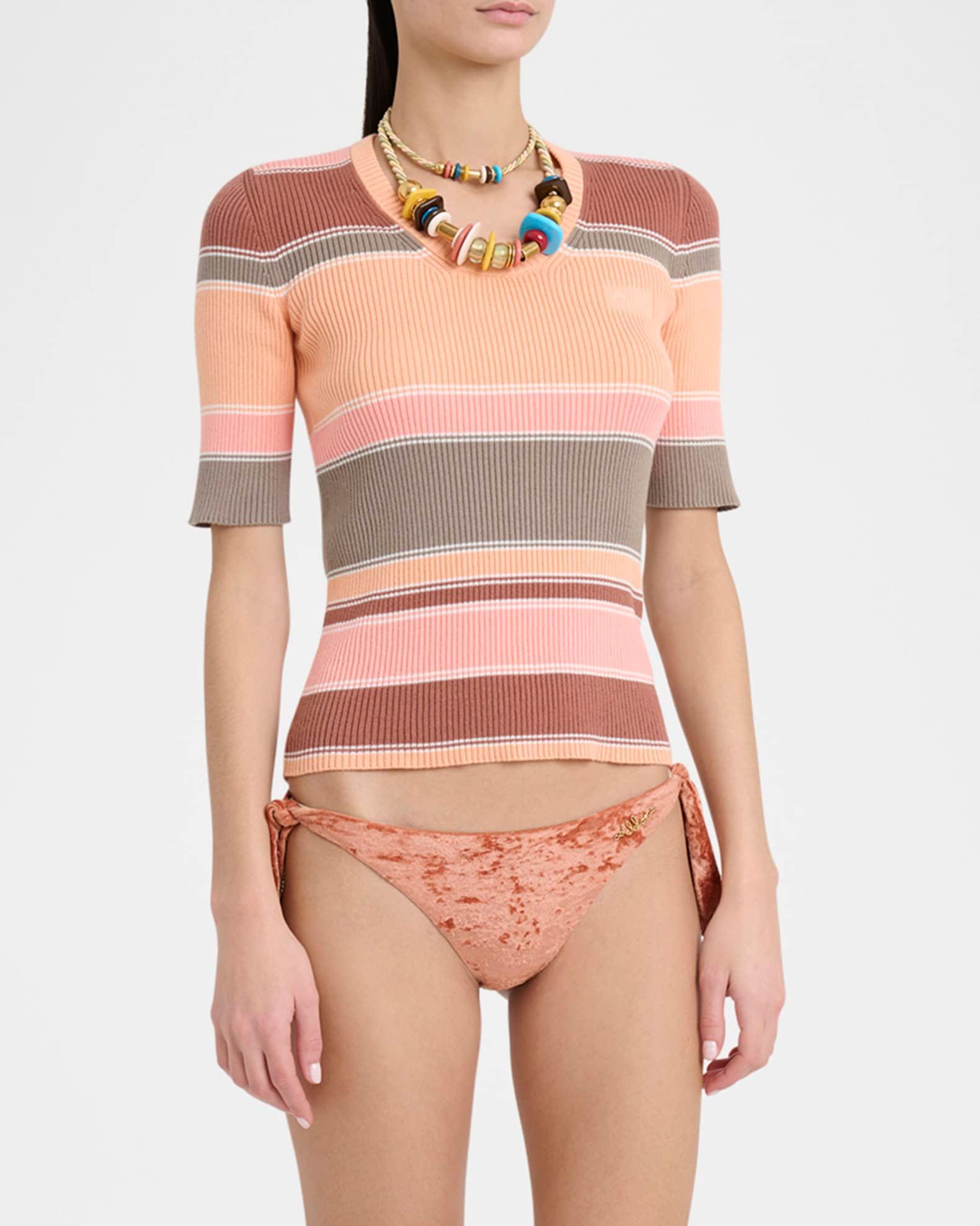 Striped Crewneck Rib Knit Cotton Top Product Image