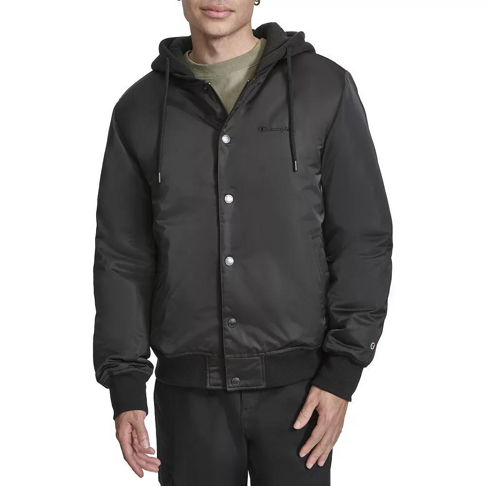 Men's Champion® Hooded Varsity Bomber Jacket with Quilted Lining, Size: XL, Black Product Image