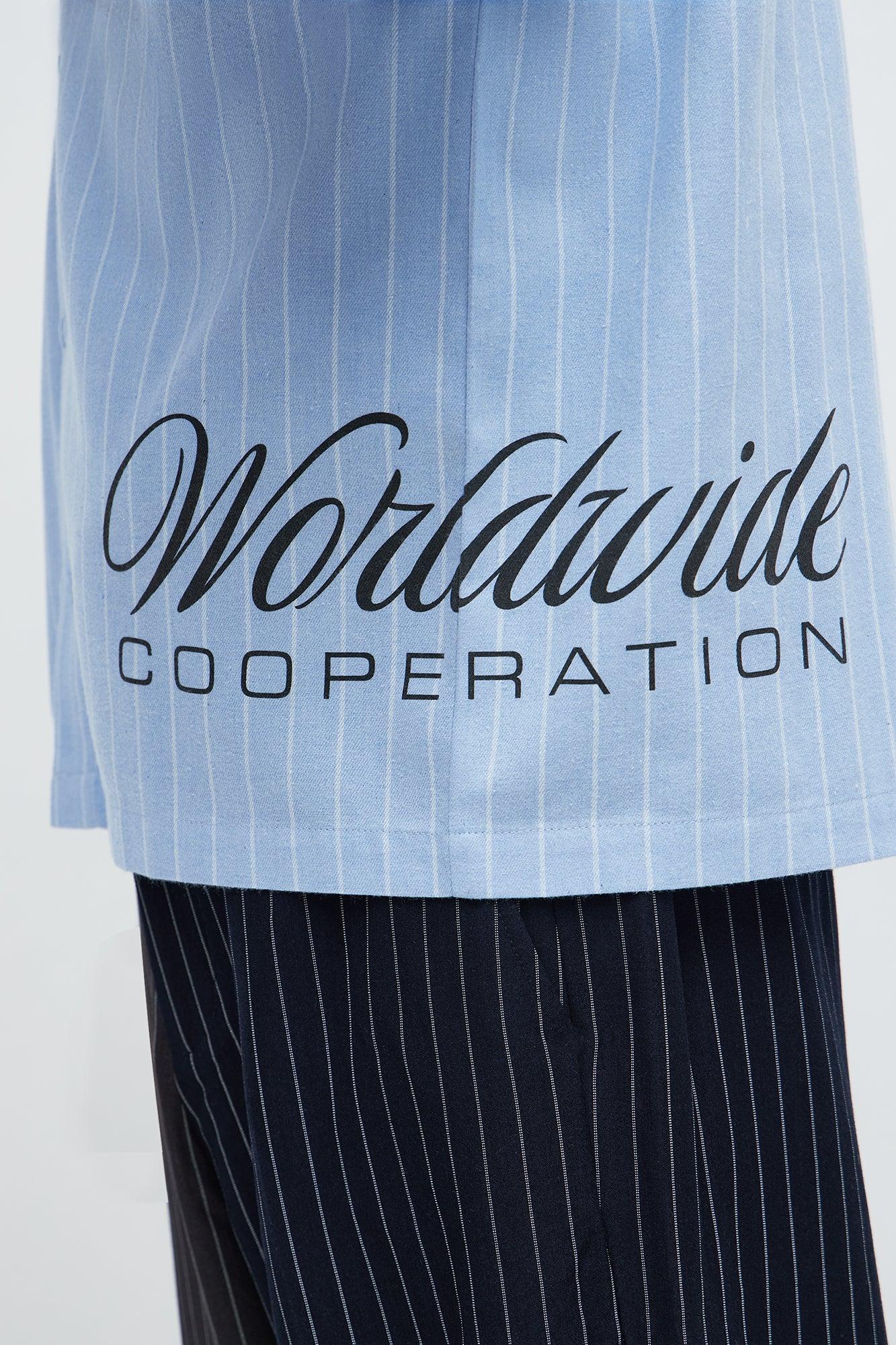 Worldwide Striped Cropped Button Up Shirt - Light Blue Product Image